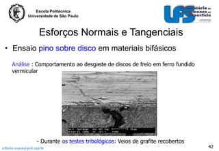 Escola Politécnica
Universidade de São Paulo

Esforços Normais e Tangenciais
• Ensaio pino sobre disco em materiais bifásicos
Análise : Comportamento ao desgaste de discos de freio em ferro fundido
vermicular

- Durante os testes tribológicos: Veios de grafite recobertos
roberto.souza@poli.usp.br

42

 