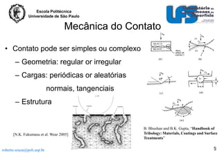 Escola Politécnica
Universidade de São Paulo

Mecânica do Contato
• Contato pode ser simples ou complexo

– Geometria: regular or irregular
– Cargas: periódicas or aleatórias

normais, tangenciais
– Estrutura

[N.K. Fukumasu et al. Wear 2005]

roberto.souza@poli.usp.br

B. Bhushan and B.K. Gupta, “Handbook of
Tribology: Materials, Coatings and Surface
Treatments”

5

 