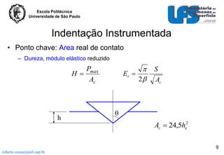 Escola Politécnica
Universidade de São Paulo

Indentação Instrumentada
• Ponto chave: Area real de contato
– Dureza, módulo elástico reduzido


Er 
2

Pmax
H
Ac

h

S
Ac



Ac  24,5hc2
9

roberto.souza@poli.usp.br

 