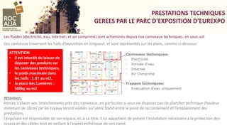 PRESTATIONS TECHNIQUES
GEREES PAR LE PARC D’EXPOSITION D’EUREXPO
Les fluides (électricité, eau, Internet, et air comprimé) sont acheminés depuis nos caniveaux techniques, en sous-sol.
Ces caniveaux traversent les halls d’exposition en longueur, et sont représentés sur les plans, comme ci-dessous:
Attention:
Pensez à placer vos branchements près des caniveaux, en particulier si vous ne disposez pas de plancher technique (hauteur
minimum de 10cm) car les tuyaux seront visibles sur votre stand entre le point de raccordement et l’emplacement des
prestations.
L’exposant est responsable de son espace, et, à ce titre, il lui appartient de prévoir l’installation nécessaire à la protection des
tuyaux et des câbles tout en veillant à l’aspect esthétique de son stand.
ATTENTION
• il est interdit de laisser de
déposer des produits sur
les caniveaux techniques,
• le poids maximale dans
les halls : 1.5T au m2,
• la place des Lumières :
500kg au m2
 