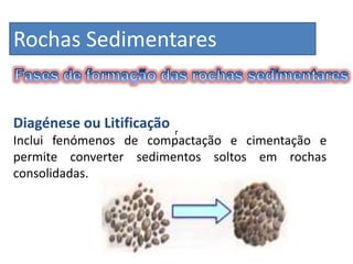 Rochas Sedimentares


Diagénese ou Litificação   r
Inclui fenómenos de compactação e cimentação e
permite converter sedimentos soltos em rochas
consolidadas.
 