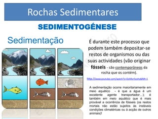 Rochas Sedimentares
      SEDIMENTOGÉNESE
Sedimentação     É durante este processo que
                podem também depositar-se
                 restos de organismos ou das
                suas actividades (vão originar
                  fósseis - são contemporâneos da
                           rocha que os contém).
                http://www.youtube.com/watch?v=Dz44vr5cehs&NR=1

                  A sedimentação ocorre maioritariamente em
                  meio aquático     - é que a água é um
                  excelente    agente    transportador…);   é
                  também em meio aquático que é mais
                  provável a ocorrência de fósseis (os restos
                  mortais não estão sujeitos às instáveis
                  condições climatéricas ou à acção de outros
                  animais)!
 
