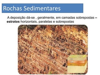 Rochas Sedimentares
 A deposição dá-se , geralmente, em camadas sobrepostas –
 estratos horizontais, paralelas e sobrepostas
 
