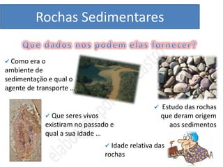 Rochas Sedimentares

 Como era  o
ambiente de
sedimentação e qual o
agente de transporte …

                                                   Estudo das rochas
              Que seres vivos                      que deram origem
             existiram no passado e                   aos sedimentos
             qual a sua idade …
                                 Idade relativa das
                                rochas
 