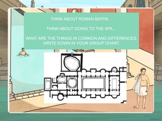 THINK ABOUT ROMAN BATHS…
THINK ABOUT GOING TO THE SPA…
WHAT ARE THE THINGS IN COMMON AND DIFFERENCES,
WRITE DOWN IN YOUR GROUP CHART.
 