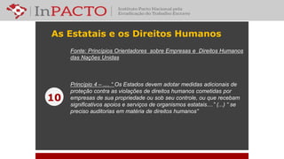 As Estatais e os Direitos Humanos
Fonte: Princípios Orientadores sobre Empresas e Direitos Humanos
das Nações Unidas
Princípio 4 – .... “ Os Estados devem adotar medidas adicionais de
proteção contra as violações de direitos humanos cometidas por
empresas de sua propriedade ou sob seu controle, ou que recebam
significativos apoios e serviços de organismos estatais....” (...) “ se
preciso auditorias em matéria de direitos humanos”
10
 