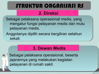 STRUKTUR ORGANISASI RS
                  2. Direksi
Sebagai pelaksana operasional medis, yang
  mengatur fungsi pelayanan medis dan mutu
  pelayanan medis.
Anggotanya dipilih secara bergiliran setahun
  sekali.

              3. Dewan Medis
 Sebagai pelaksana operasional, beserta
 jajarannya yang melakukan kegiatan
 pelayanan di rumah sakit.
 
