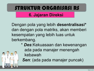 STRUKTUR ORGANISASI RS
        6. Jajaran Direksi

Dengan pola yang lebih desentralisasi*
dan dengan pola matriks, akan memberi
kesempatan yang lebih luas untuk
berkembang.
     * Des:Kekuasaan dan kewenangan
       ada pada manajer menengah
       kebawah
      Sen: (ada pada manajer puncak)
 
