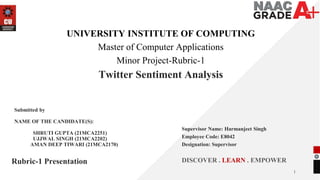 1
UNIVERSITY INSTITUTE OF COMPUTING
Master of Computer Applications
Minor Project-Rubric-1
Twitter Sentiment Analysis
Rubric-1 Presentation DISCOVER . LEARN . EMPOWER
Submitted by
NAME OF THE CANDIDATE(S):
SHRUTI GUPTA (21MCA2251)
UJJWAL SINGH (21MCA2202)
AMAN DEEP TIWARI (21MCA2170)
Supervisor Name: Harmanjeet Singh
Employee Code: E8042
Designation: Supervisor
 