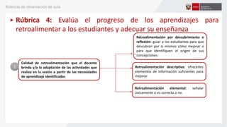 Calidad de retroalimentación que el docente
brinda y/o la adaptación de las actividades que
realiza en la sesión a partir de las necesidades
de aprendizaje identificadas
2
Retroalimentación por descubrimiento o
reflexión: guiar a los estudiantes para que
descubran por sí mismos cómo mejorar o
para que identifiquen el origen de sus
concepciones.
Rúbrica 4: Evalúa el progreso de los aprendizajes para
retroalimentar a los estudiantes y adecuar su enseñanza
Retroalimentación descriptiva: ofrecerles
elementos de información suficientes para
mejorar.
Retroalimentación elemental: señalar
únicamente si es correcta o no.
Rúbricas de observación de aula
 