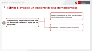 Rúbrica 5: Propicia un ambiente de respeto y proximidad
3
Comprensión y empatía del docente ante
las necesidades afectivas o físicas de los
estudiantes
Muestra comprensión y acoge las necesidades
manifestadas por los estudiantes.
Está atento y conectado con sus estudiantes.
Rúbricas de observación de aula
 