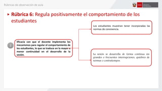 Eficacia con que el docente implementa los
mecanismos para regular el comportamiento de
los estudiantes, lo que se traduce en la mayor o
menor continuidad en el desarrollo de la
sesión.
2
Rúbrica 6: Regula positivamente el comportamiento de los
estudiantes
Rúbricas de observación de aula
Los estudiantes muestran tener incorporadas las
normas de convivencia.
La sesión se desarrolla de forma continua sin
grandes o frecuentes interrupciones, quiebres de
normas o contratiempos.
 