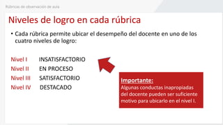 Rúbricas de observación de aula
Niveles de logro en cada rúbrica
• Cada rúbrica permite ubicar el desempeño del docente en uno de los
cuatro niveles de logro:
Nivel I INSATISFACTORIO
Nivel II EN PROCESO
Nivel III SATISFACTORIO
Nivel IV DESTACADO
Importante:
Algunas conductas inapropiadas
del docente pueden ser suficiente
motivo para ubicarlo en el nivel I.
 