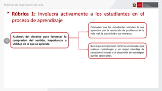 Rúbrica 1: Involucra activamente a los estudiantes en el
proceso de aprendizaje
3
Acciones del docente para favorecer la
compresión del sentido, importancia o
utilidad de lo que se aprende.
Promueve que los estudiantes vinculen lo que
aprenden con la resolución de problemas de la
vida real, la actualidad o sus intereses.
Busca que comprendan cómo las actividades que
realizan contribuyen a un mejor abordaje de
situaciones futuras o al desarrollo de estrategias
que les serán útiles.
Rúbricas de observación de aula
 