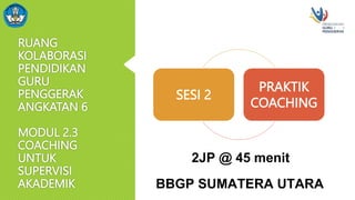RUANG
KOLABORASI
PENDIDIKAN
GURU
PENGGERAK
ANGKATAN 6
MODUL 2.3
COACHING
UNTUK
SUPERVISI
AKADEMIK BBGP SUMATERA UTARA
SESI 2
PRAKTIK
COACHING
2JP @ 45 menit
 