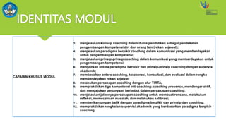 IDENTITAS MODUL
CAPAIAN KHUSUS MODUL
3. menjelaskan konsep coaching dalam dunia pendidikan sebagai pendekatan
pengembangan kompetensi diri dan orang lain (rekan sejawat);
4. menjelaskan paradigma berpikir coaching dalam komunikasi yang memberdayakan
untuk pengembangan kompetensi;
5. menjelaskan prinsip-prinsip coaching dalam komunikasi yang memberdayakan untuk
pengembangan kompetensi;
6. mengaitkan antara paradigma berpikir dan prinsip-prinsip coaching dengan supervisi
akademik;
7. membedakan antara coaching, kolaborasi, konsultasi, dan evaluasi dalam rangka
memberdayakan rekan sejawat;
8. melakukan percakapan coaching dengan alur TIRTA;
9. mempraktikkan tiga kompetensi inti coaching: coaching presence, mendengar aktif,
dan mengajukan pertanyaan berbobot dalam percakapan coaching;
10. menjelaskan jalannya percakapan coaching untuk membuat rencana, melakukan
refleksi, memecahkan masalah, dan melakukan kalibrasi;
11. memberikan umpan balik dengan paradigma berpikir dan prinsip dan coaching;
12. mempraktikkan rangkaian supervisi akademik yang berdasarkan paradigma berpikir
coaching.
 