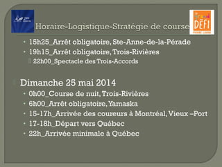 • 15h25_Arrêt obligatoire, Ste-Anne-de-la-Pérade
• 19h15_Arrêt obligatoire,Trois-Rivières
 22h00_Spectacle des Trois-Accords
 Dimanche 25 mai 2014
• 0h00_Course de nuit,Trois-Rivières
• 6h00_Arrêt obligatoire,Yamaska
• 15-17h_Arrivée des coureurs à Montréal,Vieux –Port
• 17-18h_Départ vers Québec
• 22h_Arrivée minimale à Québec
 