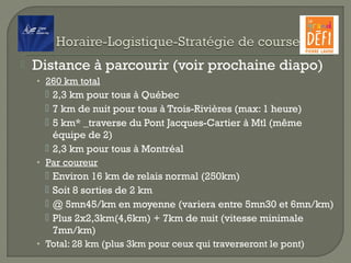  Distance à parcourir (voir prochaine diapo)
• 260 km total
 2,3 km pour tous à Québec
 7 km de nuit pour tous à Trois-Rivières (max: 1 heure)
 5 km* _traverse du Pont Jacques-Cartier à Mtl (même
équipe de 2)
 2,3 km pour tous à Montréal
• Par coureur
 Environ 16 km de relais normal (250km)
 Soit 8 sorties de 2 km
 @ 5mn45/km en moyenne (variera entre 5mn30 et 6mn/km)
 Plus 2x2,3km(4,6km) + 7km de nuit (vitesse minimale
7mn/km)
• Total: 28 km (plus 3km pour ceux qui traverseront le pont)
 