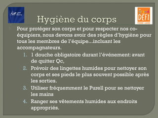  Pour protéger son corps et pour respecter nos co-
équipiers, nous devons avoir des règles d’hygiène pour
tous les membres de l’équipe...incluant les
accompagnateurs.
1. 1 douche obligatoire durant l’événement: avant
de quitter Qc,
2. Prévoir des lingettes humides pour nettoyer son
corps et ses pieds le plus souvent possible après
les sorties.
3. Utiliser fréquemment le Purell pour se nettoyer
les mains
4. Ranger ses vêtements humides aux endroits
appropriés.
 