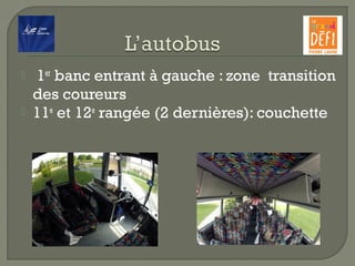   1er
banc entrant à gauche : zone transition
des coureurs
 11e
et 12e
rangée (2 dernières): couchette
 