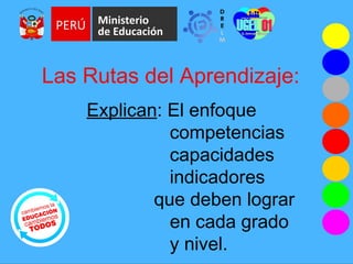 Las Rutas del Aprendizaje:
Explican: El enfoque
competencias
capacidades
indicadores
que deben lograr
en cada grado
y nivel.
 