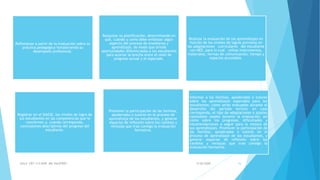 Reflexionar a partir de la evaluación sobre su
práctica pedagógica fortaleciendo su
desempeño profesional.
Reajustar su planificación, determinando en
qué, cuándo y cómo debe enfatizar algún
aspecto del proceso de enseñanza y
aprendizaje, de modo que brinde
oportunidades diferenciadas a los estudiantes
para acortar la brecha entre el nivel de
progreso actual y el esperado.
Realizar la evaluación de los aprendizajes en
función de los niveles de logros previstos en
las adaptaciones curriculares del estudiante
con NEE, para lo cual utiliza instrumentos,
materiales, formas de comunicación, tiempo y
espacios accesibles.
Registrar en el SIAGIE, los niveles de logro de
sus estudiantes en las competencias que le
conciernen y, cuando corresponda,
conclusiones descriptivas del progreso del
estudiante.
Promover la participación de las familias,
apoderados o tutores en el proceso de
aprendizaje de los estudiantes, y generar
espacios de reflexión sobre los cambios y
ventajas que trae consigo la evaluación
formativa.
Informar a las familias, apoderados o tutores
sobre los aprendizajes esperados para los
estudiantes; cómo serán evaluados durante el
desarrollo del periodo lectivo; en caso
corresponda, el tipo de adaptaciones o ajustes
razonables usados durante la evaluación; así
como sobre los progresos, dificultades y
recomendaciones a seguir para la mejora de
sus aprendizajes. Promover la participación de
las familias, apoderados o tutores en el
proceso de aprendizaje de los estudiantes, y
generar espacios de reflexión sobre los
cambios y ventajas que trae consigo la
evaluación formativa.
5/26/2020AULA CRT 113 DAIP MG VALEFREY 16
 