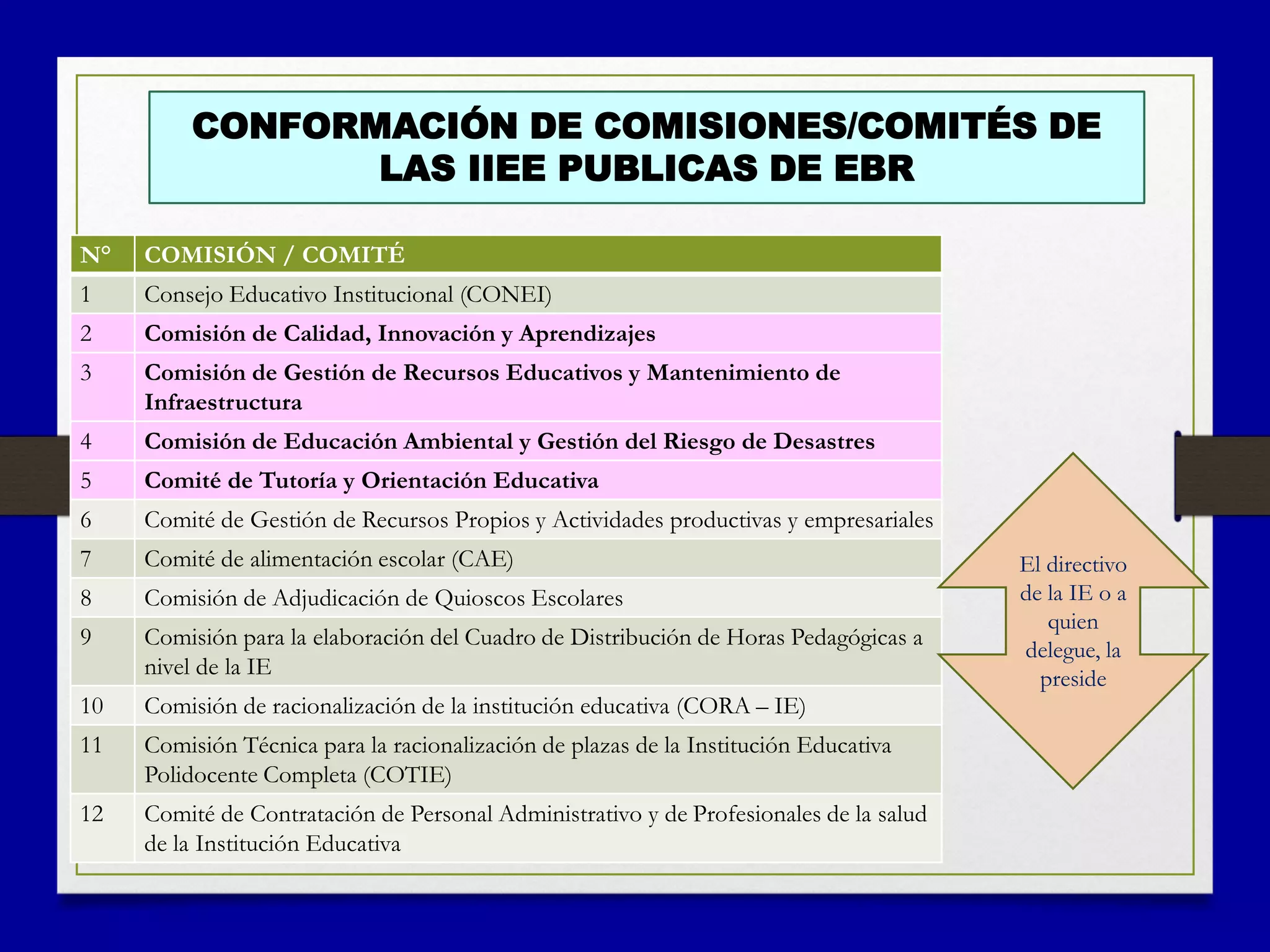 CONFORMACIÓN DE COMISIONES/COMITÉS DE
LAS IIEE PUBLICAS DE EBR
N° COMISIÓN / COMITÉ
1 Consejo Educativo Institucional (CONEI)
2 Comisión de Calidad, Innovación y Aprendizajes
3 Comisión de Gestión de Recursos Educativos y Mantenimiento de
Infraestructura
4 Comisión de Educación Ambiental y Gestión del Riesgo de Desastres
5 Comité de Tutoría y Orientación Educativa
6 Comité de Gestión de Recursos Propios y Actividades productivas y empresariales
7 Comité de alimentación escolar (CAE)
8 Comisión de Adjudicación de Quioscos Escolares
9 Comisión para la elaboración del Cuadro de Distribución de Horas Pedagógicas a
nivel de la IE
10 Comisión de racionalización de la institución educativa (CORA – IE)
11 Comisión Técnica para la racionalización de plazas de la Institución Educativa
Polidocente Completa (COTIE)
12 Comité de Contratación de Personal Administrativo y de Profesionales de la salud
de la Institución Educativa
El directivo
de la IE o a
quien
delegue, la
preside
 