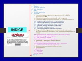 1. Objetivo
2. Ámbito de aplicación
3. Base Normativa
4. Siglas
5. Glosario de términos
6. Desarrollo
6.1 Orientaciones para la organización y planeamiento de las IIEE y
programas de la EB
6.2 Orientaciones para el funcionamiento de la IE o programa
6.3 Compromiso 3: Calendarización y gestión de las condiciones operativas
6.3.1 Cumplimiento, calendarización y recalendarización
6.3.2 Asistencia y permanencia del personal y estudiantes
6.3.3 Programa de mantenimiento de locales escolares
6.3.4 Gestión de riesgo de desastres y salud escolar
6.3.5 Matrícula de las y los estudiantes
6.3.6 Entrega y uso oportuno de recursos educativos
6.4 Compromiso 4: Acompañamiento y monitoreo para la mejora de las
prácticas pedagógicas orientadas al logro de aprendizajes previstos en el
CNEB
6.4.1 Acompañamiento pedagógico y espacios de trabajo colegiado
6.4.2 Monitoreo de la práctica pedagógica
6.4.3 TOE t trabajo con familias
6.4.4 Seguimiento al proceso de aprendizaje
6.5 Compromiso 5: Gestión de la convivencia escolar
6.5.1 Promoción de la convivencia escolar
6.5.2 Prevención de la violencia contra niñas, niños y adolecentes
6.5.3 Atención oportuna de situación de violencia
6.6 Momentos del año escolar y actividades principales
6.7 Responsabilidades
6.7.1 De la IE
6.7.2 De la UGEL
6.7.3 De la DRE
6.7.4 Del Minedu
7. Anexos
INDICE
 