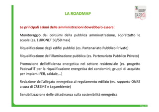 Pag. 29 
LA ROADMAP 
Le principali azioni delle amministrazioni dovrebbero essere: 
Monitoraggio dei consumi della pubblica amministrazione, soprattutto le 
scuole (es. EURONET 50/50 max) 
Riqualificazione degli edifici pubblici (es. Partenariato Pubblico Privato) 
Riqualificazione dell’illuminazione pubblica (es. Partenariato Pubblico Privato) 
Promozione dell’efficienza energetica nel settore residenziale (es. progetto 
PadovaFIT per la riqualificazione energetica dei condomini; gruppi di acquisto 
per impianti FER, caldaie,…) 
Redazione dell’allegato energetico al regolamento edilizio (es. rapporto ONRE 
a cura di CRESME e Legambiente) 
Sensibilizzazione delle cittadinanza sulla sostenibilità energetica 
 