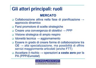 Gli attori principali: ruoli 
MERCATO 
 Collaborazione attiva nella fase di pianificazione → 
approccio dinamico 
 Farsi promotore di scelte strategiche 
 Creare una convergenza di obiettivi → PPP 
 Visione strategica di ampio respiro 
 Idoneità tecnica → aggiornamento 
 Essere in grado di creare forme di collaborazione tra 
OE → alta specializzazione, ma possibilità di offrire 
servizi maggiormente articolati (anche FTT) 
 Accettare il rischio →→ operazioni a costo zero per la 
PA (PPP/Eurostat) 
 
