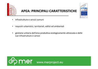 APEA: PRINCIPALI CARATTERISTICHE 
• infrastrutture e servizi comuni 
• requisiti urbanistici, territoriali, edilizi ed ambientali 
• gestione unitaria dell’area produttiva ecologicamente attrezzata e delle 
sue infrastrutture e servizi 
www.merproject.eu 
 
