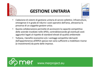 GESTIONE UNITARIA 
• L’adozione di sistemi di gestione unitaria di servizi collettivi, infrastrutture, 
emergenze è in grado di ridurre i costi operativi dell’area, attraverso la 
presenza di un soggetto gestore unico. 
• Questa collaborazione permette di accrescere la capacità competitiva 
delle aziende insediate nelle APEA, controbilanciando gli eventuali costi 
aggiuntivi legati al rispetto di standard elevati di qualità ambientale 
• Tuttavia, i benefici economici e/o i vantaggi competitivi derivanti 
dall’appartenenza all’APEA spesso non sono sufficienti a mobilitare risorse 
(e investimenti) da parte delle imprese. 
www.merproject.eu 
 
