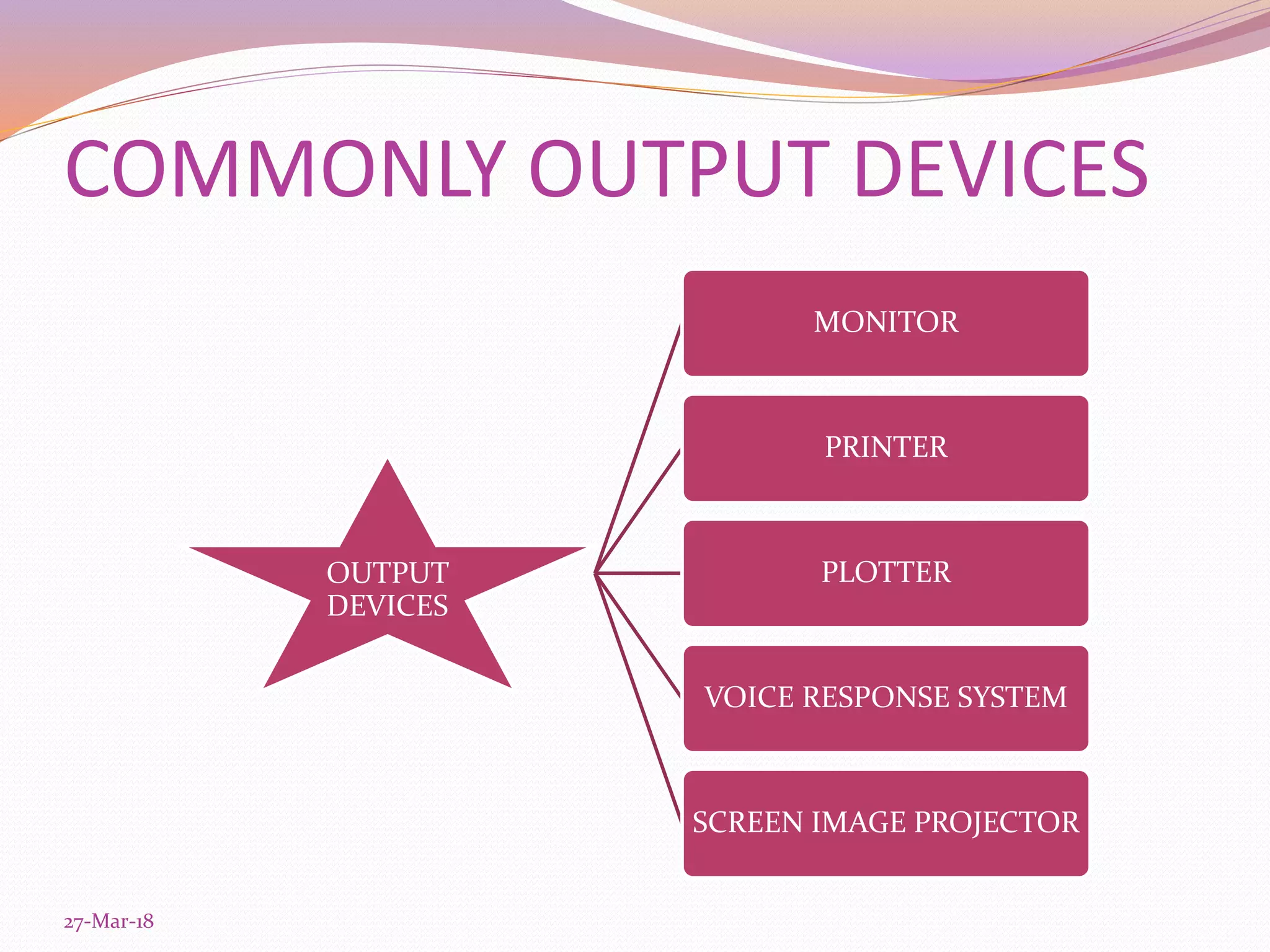 COMMONLY OUTPUT DEVICES
OUTPUT
DEVICES
MONITOR
PRINTER
PLOTTER
VOICE RESPONSE SYSTEM
SCREEN IMAGE PROJECTOR
27-Mar-18
 