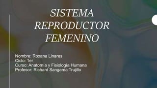 SISTEMA
REPRODUCTOR
FEMENINO
Nombre: Roxana Linares
Ciclo: 1er
Curso: Anatomía y Fisiología Humana
Profesor: Richard Sangama Trujillo
 
