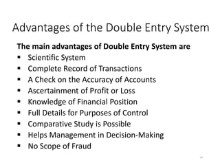 Advantages of the Double Entry System
The main advantages of Double Entry System are
 Scientific System
 Complete Record of Transactions
 A Check on the Accuracy of Accounts
 Ascertainment of Profit or Loss
 Knowledge of Financial Position
 Full Details for Purposes of Control
 Comparative Study is Possible
 Helps Management in Decision-Making
 No Scope of Fraud
24
 