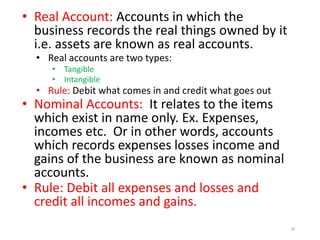 • Real Account: Accounts in which the
business records the real things owned by it
i.e. assets are known as real accounts.
• Real accounts are two types:
• Tangible
• Intangible
• Rule: Debit what comes in and credit what goes out
• Nominal Accounts: It relates to the items
which exist in name only. Ex. Expenses,
incomes etc. Or in other words, accounts
which records expenses losses income and
gains of the business are known as nominal
accounts.
• Rule: Debit all expenses and losses and
credit all incomes and gains.
28
 