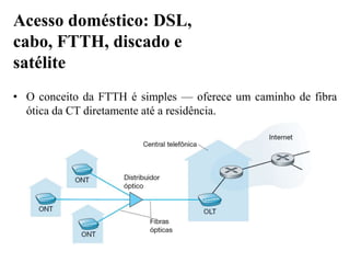 • O conceito da FTTH é simples — oferece um caminho de fibra
ótica da CT diretamente até a residência.
Acesso doméstico: DSL,
cabo, FTTH, discado e
satélite
 