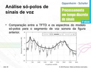 © 2013 Pearson. Todos os direitos reservados.
slide 18
Análise só-polos de
sinais de voz
• Comparação entre a TFTD e os espectros do modelo
só-polos para o segmento de voz sonora da figura
anterior.
 