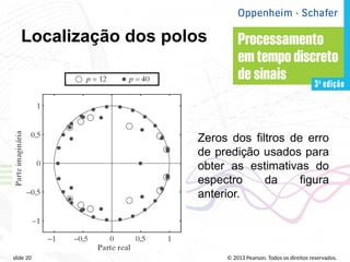 © 2013 Pearson. Todos os direitos reservados.
slide 20
Localização dos polos
Zeros dos filtros de erro
de predição usados para
obter as estimativas do
espectro da figura
anterior.
 