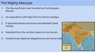 The Mighty Mauryas
1. The Maurya Empire was founded by Chandragupta
Maurya.
2. He expanded it with help from his mentor Kauṭilya.
3. It absorbed Nanda territories and defeated Greek
satraps.
4. Extended from the northern plains to the Deccan.
5. Hosted Greek diplomat Megasthenes who wrote Indika.
 