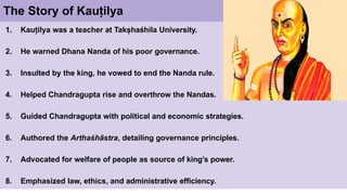 The Story of Kauṭ
ilya
1. Kauṭ
ilya was a teacher at Takṣhaśhila University.
2. He warned Dhana Nanda of his poor governance.
3. Insulted by the king, he vowed to end the Nanda rule.
4. Helped Chandragupta rise and overthrow the Nandas.
5. Guided Chandragupta with political and economic strategies.
6. Authored the Arthaśhāstra, detailing governance principles.
7. Advocated for welfare of people as source of king’s power.
8. Emphasized law, ethics, and administrative efficiency.
 