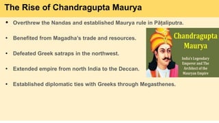 The Rise of Chandragupta Maurya
● Overthrew the Nandas and established Maurya rule in Pāṭ
aliputra.
● Benefited from Magadha’s trade and resources.
● Defeated Greek satraps in the northwest.
● Extended empire from north India to the Deccan.
● Established diplomatic ties with Greeks through Megasthenes.
 