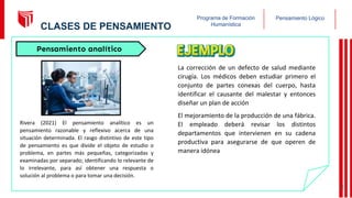 Pensamiento Lógico
Programa de Formación
Humanística
La corrección de un defecto de salud mediante
cirugía. Los médicos deben estudiar primero el
conjunto de partes conexas del cuerpo, hasta
identificar el causante del malestar y entonces
diseñar un plan de acción
El mejoramiento de la producción de una fábrica.
El empleado deberá revisar los distintos
departamentos que intervienen en su cadena
productiva para asegurarse de que operen de
manera idónea
Pensamiento analítico
Rivera (2021) El pensamiento analítico es un
pensamiento razonable y reflexivo acerca de una
situación determinada. El rasgo distintivo de este tipo
de pensamiento es que divide el objeto de estudio o
problema, en partes más pequeñas, categorizadas y
examinadas por separado; identificando lo relevante de
lo irrelevante, para así obtener una respuesta o
solución al problema o para tomar una decisión.
12
CLASES DE PENSAMIENTO
 