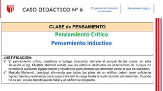 Pensamiento Lógico
Programa de Formación
Humanística
CASO DIDÁCTICO Nº 6
CLASE de PENSAMIENTO
JUSTIFICACIÓN:
Pensamiento Crítico
✔ El pensamiento crítico, cuestiona e indaga, buscando siempre el porqué de las cosas, en esta
situación el ing. Mustafa Mahmid señala que los edificios destruidos en el terremoto de Turquía no
tuvieron la suficiente rigidez lateral y resistencia para afrontar un terremoto como el que ha sucedido.
Pensamiento Inductivo
✔ Mustafa Mahamid, concluyó afirmando que todos los pisos de un edificio deben tener suficiente
rigidez lateral y resistencia como para transferir la carga hasta el suelo durante un terremoto. Cuando
no es así, el piso blando puede fallar y el edificio se desploma
26
 