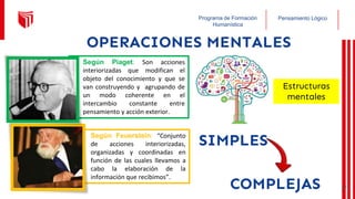 Pensamiento Lógico
Programa de Formación
Humanística
OPERACIONES MENTALES
Según Feuerstein: “Conjunto
de acciones interiorizadas,
organizadas y coordinadas en
función de las cuales llevamos a
cabo la elaboración de la
información que recibimos”.
Según Piaget: Son acciones
interiorizadas que modifican el
objeto del conocimiento y que se
van construyendo y agrupando de
un modo coherente en el
intercambio constante entre
pensamiento y acción exterior.
Estructuras
mentales
SIMPLES
COMPLEJAS 27
 