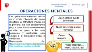 Pensamiento Lógico
Programa de Formación
Humanística
OPERACIONES MENTALES
Las operaciones mentales, unidas
de un modo coherente, dan como
resultado la estructura mental de
la persona. Se van construyendo
poco a poco. Las más elementales
permiten el paso a las más
complejas y abstractas, esto
gracias a la interacción social o
mediación
Recuperado de:
https://pedagoviva.wordpress.com/2009/05/0
3/las-operaciones-mentales-en-el-aula/
Quien percibe puede
diferenciar
Quien diferencia, puede
comparar
Quien
compara
Puede clasificar…,
inferir, razonar, etc.
29
 