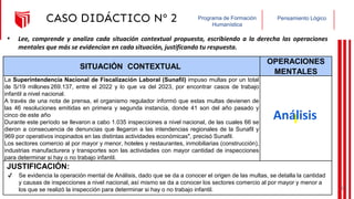 Pensamiento Lógico
Programa de Formación
Humanística
CASO DIDÁCTICO Nº 2
SITUACIÓN CONTEXTUAL
OPERACIONES
MENTALES
La Superintendencia Nacional de Fiscalización Laboral (Sunafil) impuso multas por un total
de S/19 millones 269.137, entre el 2022 y lo que va del 2023, por encontrar casos de trabajo
infantil a nivel nacional.
A través de una nota de prensa, el organismo regulador informó que estas multas devienen de
las 46 resoluciones emitidas en primera y segunda instancia, donde 41 son del año pasado y
cinco de este año
Durante este período se llevaron a cabo 1.035 inspecciones a nivel nacional, de las cuales 66 se
dieron a consecuencia de denuncias que llegaron a las intendencias regionales de la Sunafil y
969 por operativos inopinados en las distintas actividades económicas", precisó Sunafil.
Los sectores comercio al por mayor y menor, hoteles y restaurantes, inmobiliarias (construcción),
industrias manufacturera y transportes son las actividades con mayor cantidad de inspecciones
para determinar si hay o no trabajo infantil.
JUSTIFICACIÓN:
Análisis
• Lee, comprende y analiza cada situación contextual propuesta, escribiendo a la derecha las operaciones
mentales que más se evidencian en cada situación, justificando tu respuesta.
✔ Se evidencia la operación mental de Análisis, dado que se da a conocer el origen de las multas, se detalla la cantidad
y causas de inspecciones a nivel nacional, así mismo se da a conocer los sectores comercio al por mayor y menor a
los que se realizó la inspección para determinar si hay o no trabajo infantil. 37
 