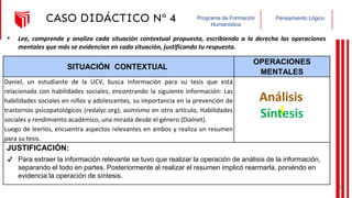 Pensamiento Lógico
Programa de Formación
Humanística
CASO DIDÁCTICO Nº 4
SITUACIÓN CONTEXTUAL
OPERACIONES
MENTALES
Daniel, un estudiante de la UCV, busca información para su tesis que está
relacionada con habilidades sociales; encontrando la siguiente información: Las
habilidades sociales en niños y adolescentes, su importancia en la prevención de
trastornos psicopatológicos (redalyc.org); asimismo en otro artículo, Habilidades
sociales y rendimiento académico, una mirada desde el género (Dialnet).
Luego de leerlos, encuentra aspectos relevantes en ambos y realiza un resumen
para su tesis.
JUSTIFICACIÓN:
• Lee, comprende y analiza cada situación contextual propuesta, escribiendo a la derecha las operaciones
mentales que más se evidencian en cada situación, justificando tu respuesta.
Análisis
Síntesis
✔ Para extraer la información relevante se tuvo que realizar la operación de análisis de la información,
separando el todo en partes. Posteriormente al realizar el resumen implicó rearmarla, poniéndo en
evidencia la operación de síntesis.
39
 