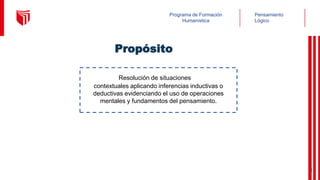 Pensamiento
Lógico
Programa de Formación
Humanística
Resolución de situaciones
contextuales aplicando inferencias inductivas o
deductivas evidenciando el uso de operaciones
mentales y fundamentos del pensamiento.
4
Propósito
 