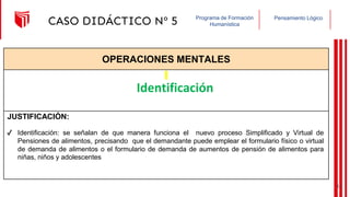 Pensamiento Lógico
Programa de Formación
Humanística
CASO DIDÁCTICO Nº 5
OPERACIONES MENTALES
JUSTIFICACIÓN:
Identificación
✔ Identificación: se señalan de que manera funciona el nuevo proceso Simplificado y Virtual de
Pensiones de alimentos, precisando que el demandante puede emplear el formulario físico o virtual
de demanda de alimentos o el formulario de demanda de aumentos de pensión de alimentos para
niñas, niños y adolescentes
41
 